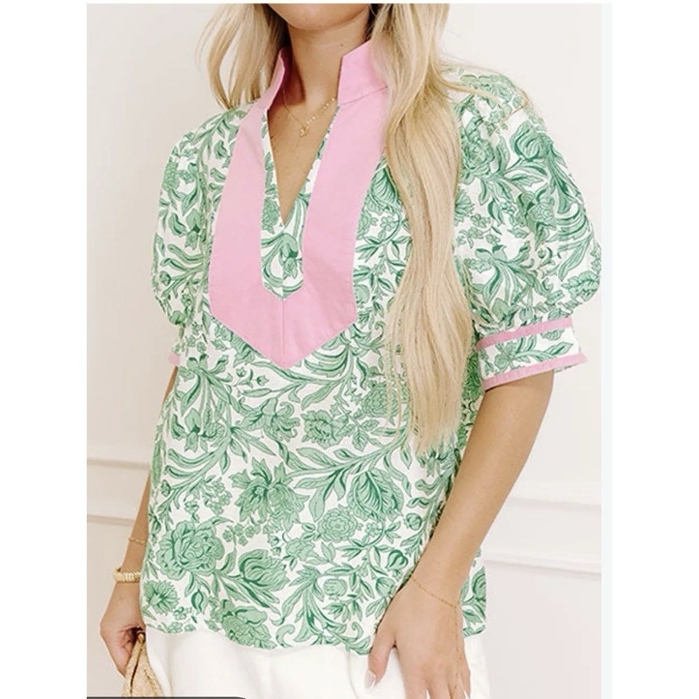 Entro Women's Pink And Green Puff sleeve Blouse, Preppy, Classic V Neck Sz-M